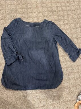 Talbots Dark Blue Denim Tie-Cuff Scoop Neck Blouse